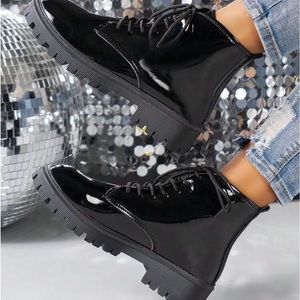 Black patent leather mid combat boot